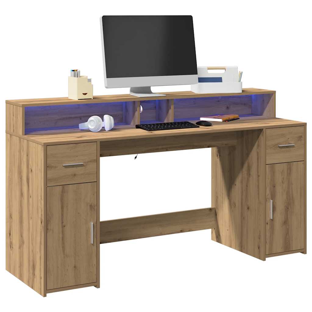 Skrivebord med LED-lys artisan eik 160x55x91 cm konstruert tre