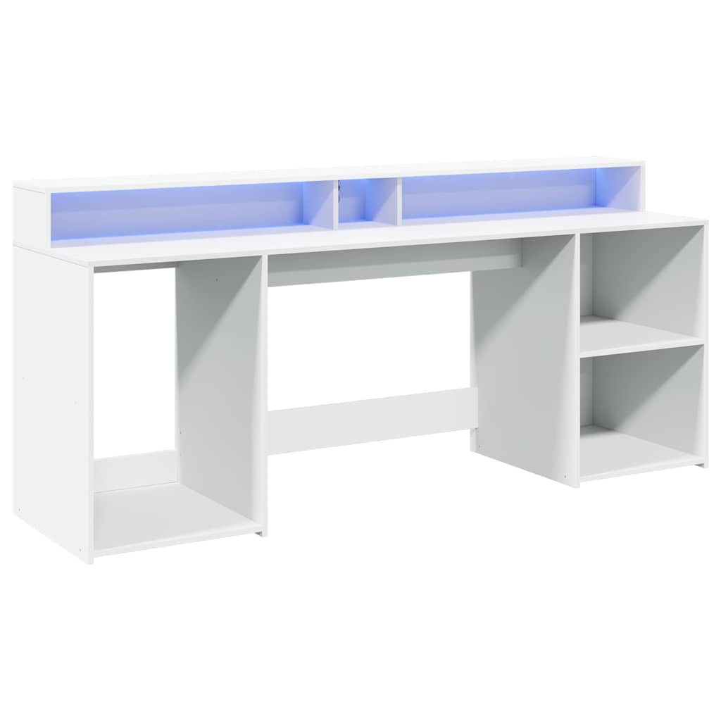 Skrivebord med LED-lys hvit 200x55x91 cm konstruert tre