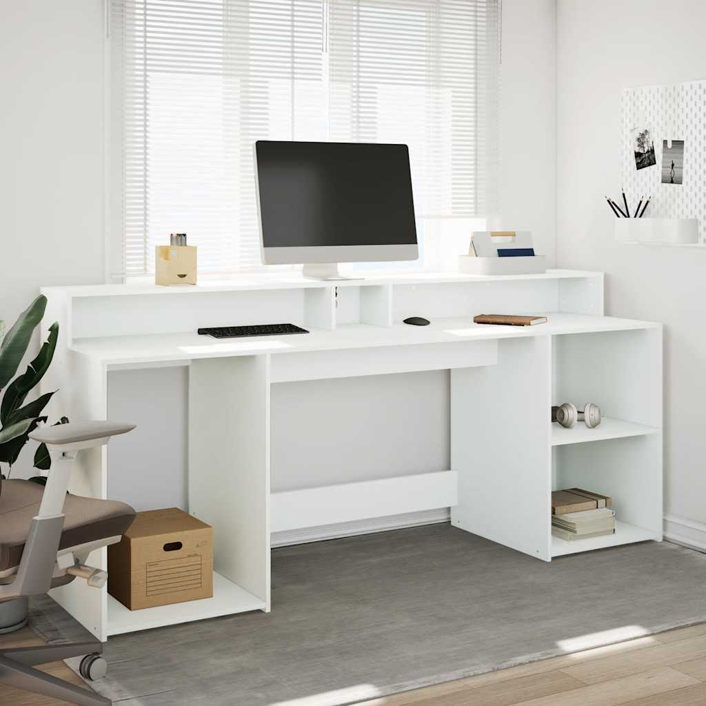 Skrivebord med LED-lys hvit 200x55x91 cm konstruert tre