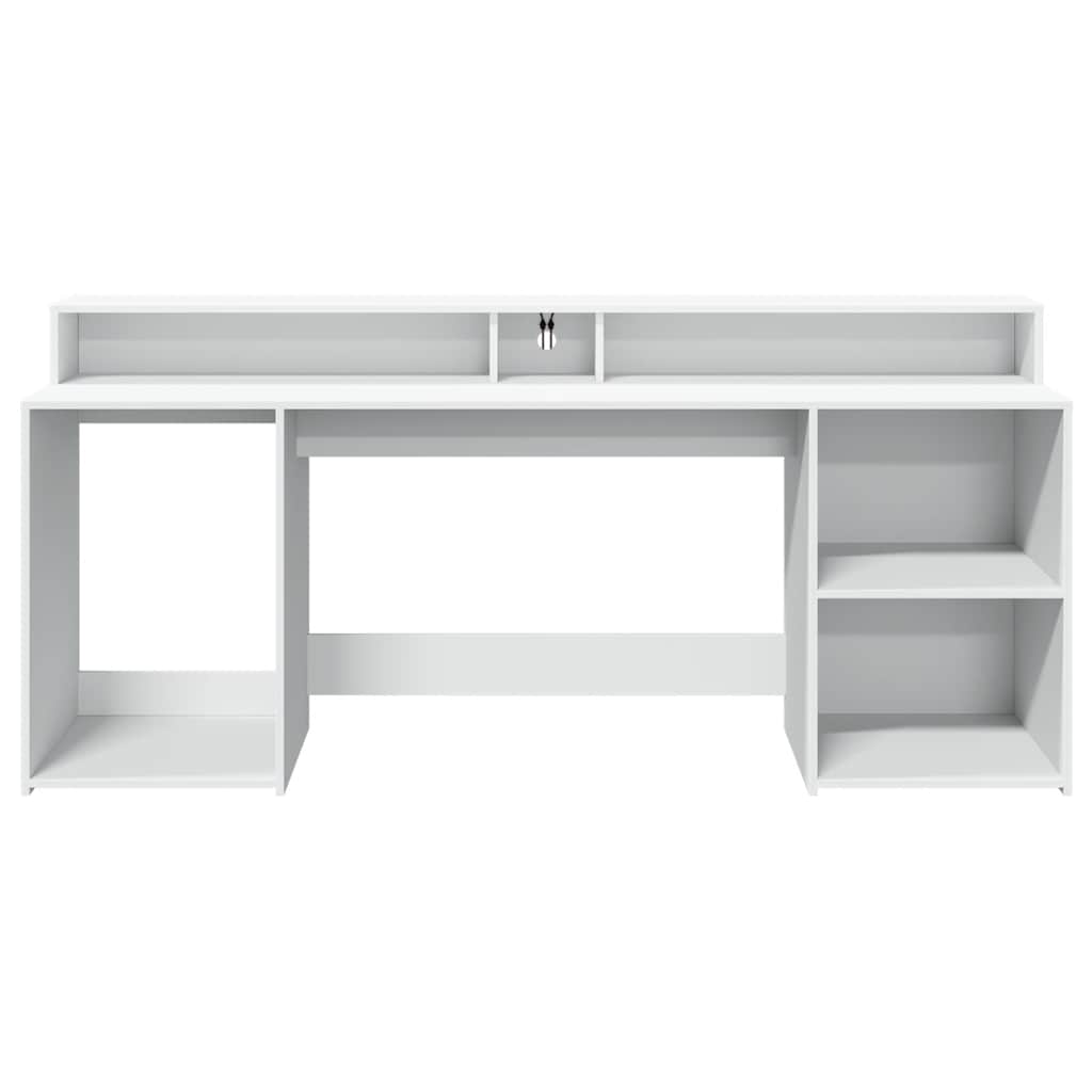 Skrivebord med LED-lys hvit 200x55x91 cm konstruert tre
