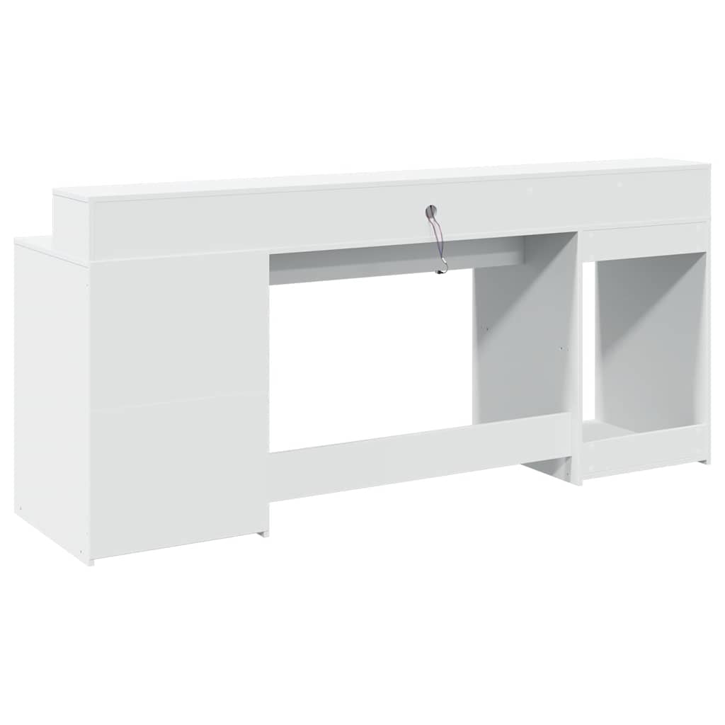 Skrivebord med LED-lys hvit 200x55x91 cm konstruert tre