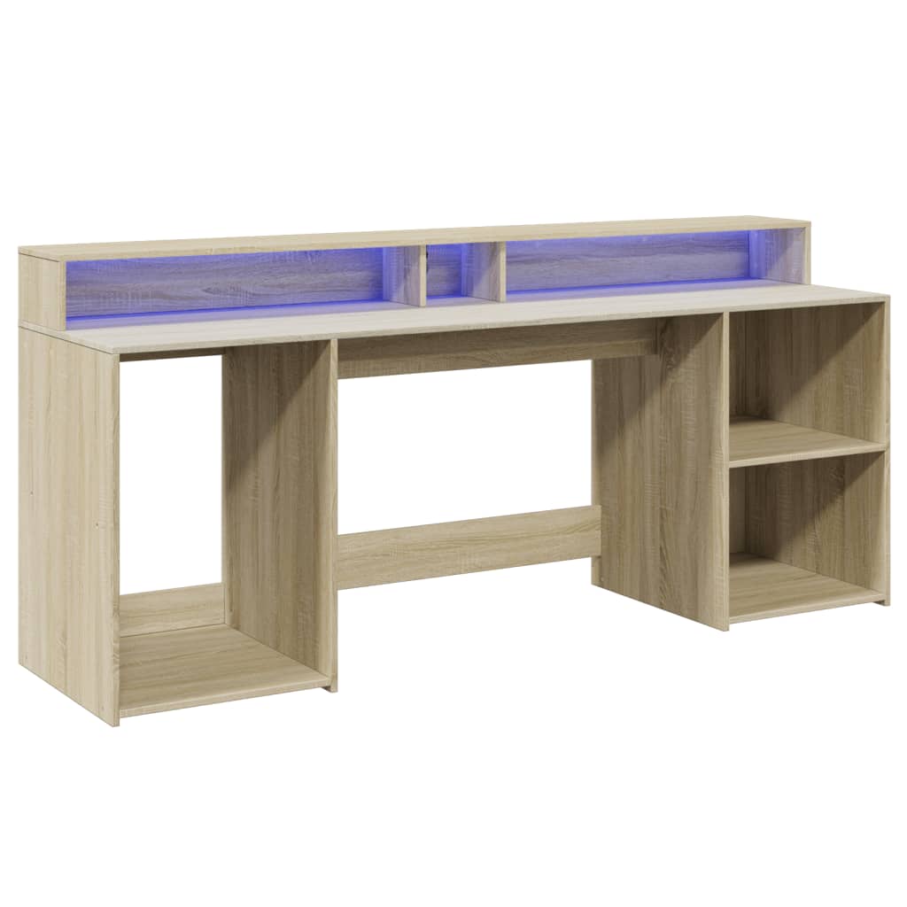 Skrivebord med LED-lys sonoma eik 200x55x91 cm konstruert tre