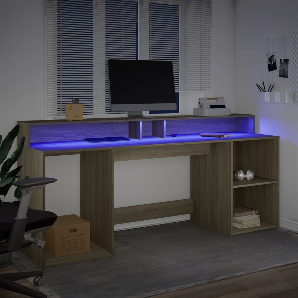 Skrivebord med LED-lys sonoma eik 200x55x91 cm konstruert tre