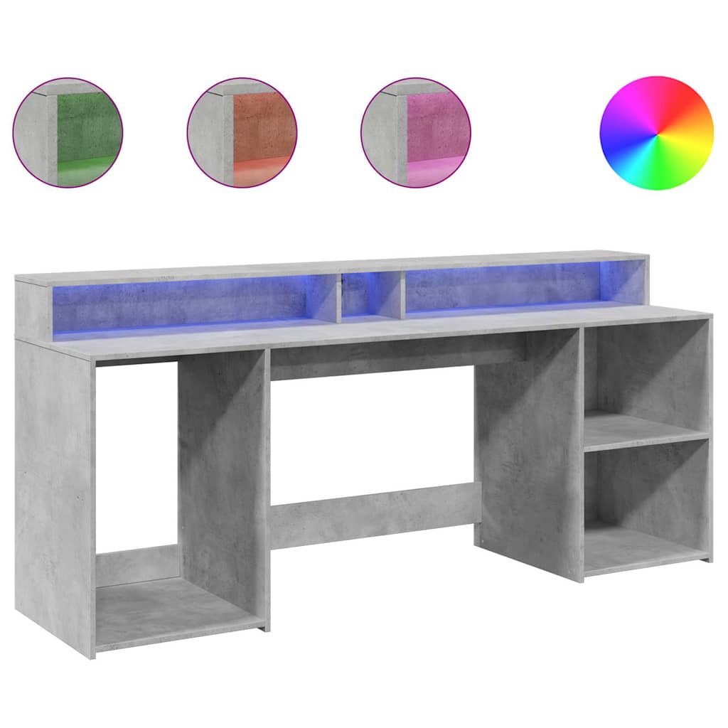 Skrivebord med LED-lys betonggrå 200x55x91 cm konstruert tre