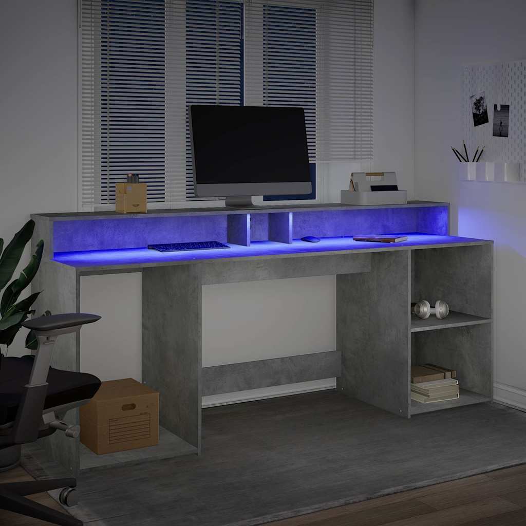 Skrivebord med LED-lys betonggrå 200x55x91 cm konstruert tre