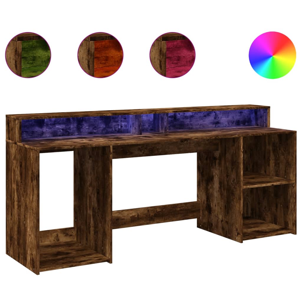 Skrivebord med LED-lys røkt eik 200x55x91 cm konstruert tre