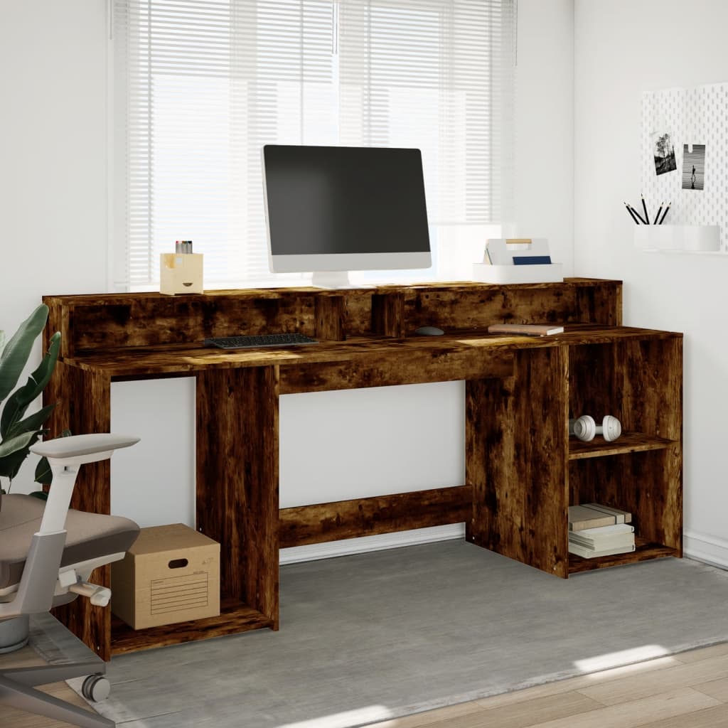 Skrivebord med LED-lys røkt eik 200x55x91 cm konstruert tre