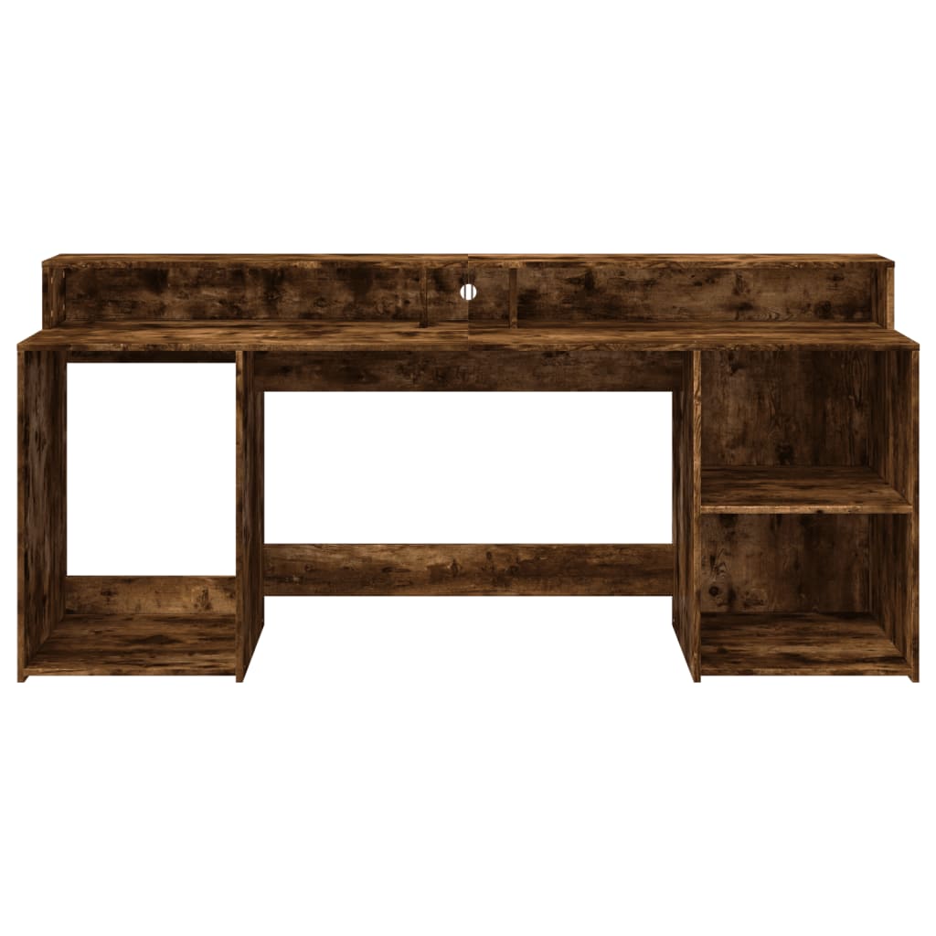 Skrivebord med LED-lys røkt eik 200x55x91 cm konstruert tre