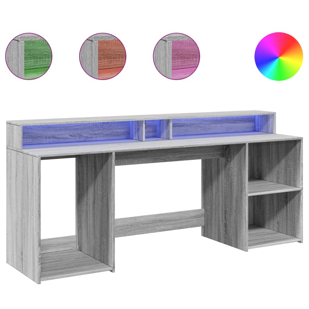 Skrivebord med LED-lys grå sonoma 200x55x91 cm konstruert tre