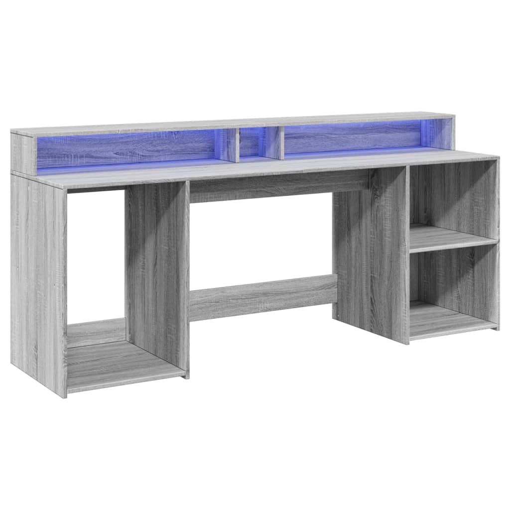 Skrivebord med LED-lys grå sonoma 200x55x91 cm konstruert tre