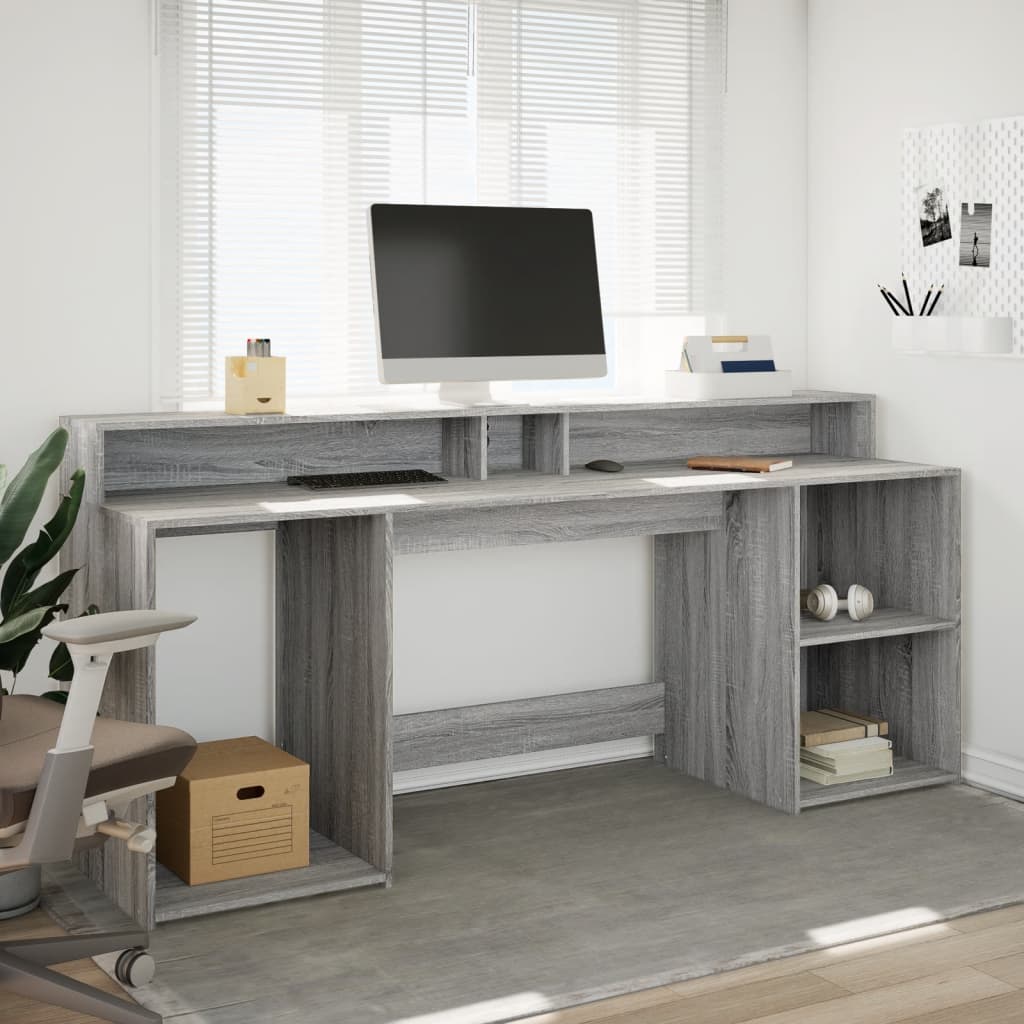 Skrivebord med LED-lys grå sonoma 200x55x91 cm konstruert tre