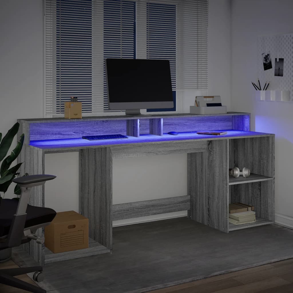 Skrivebord med LED-lys grå sonoma 200x55x91 cm konstruert tre