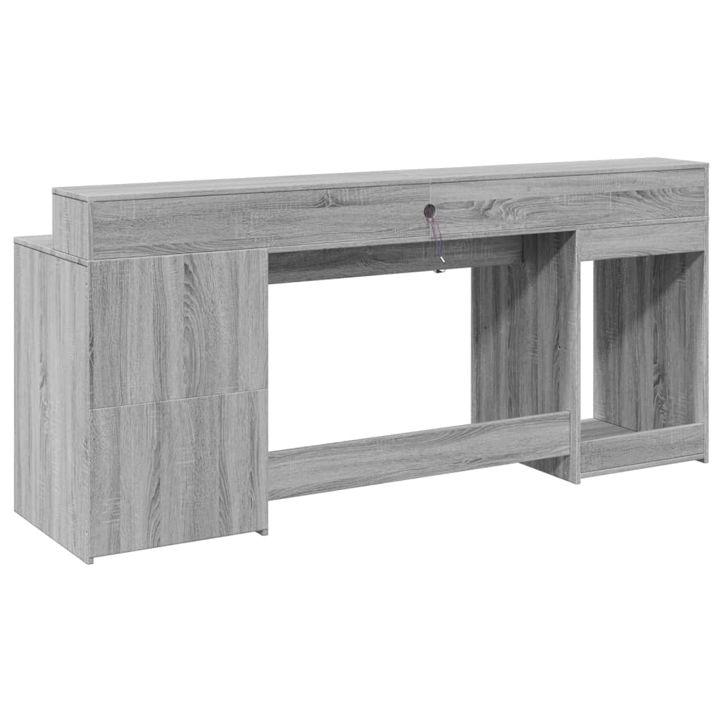 Skrivebord med LED-lys grå sonoma 200x55x91 cm konstruert tre