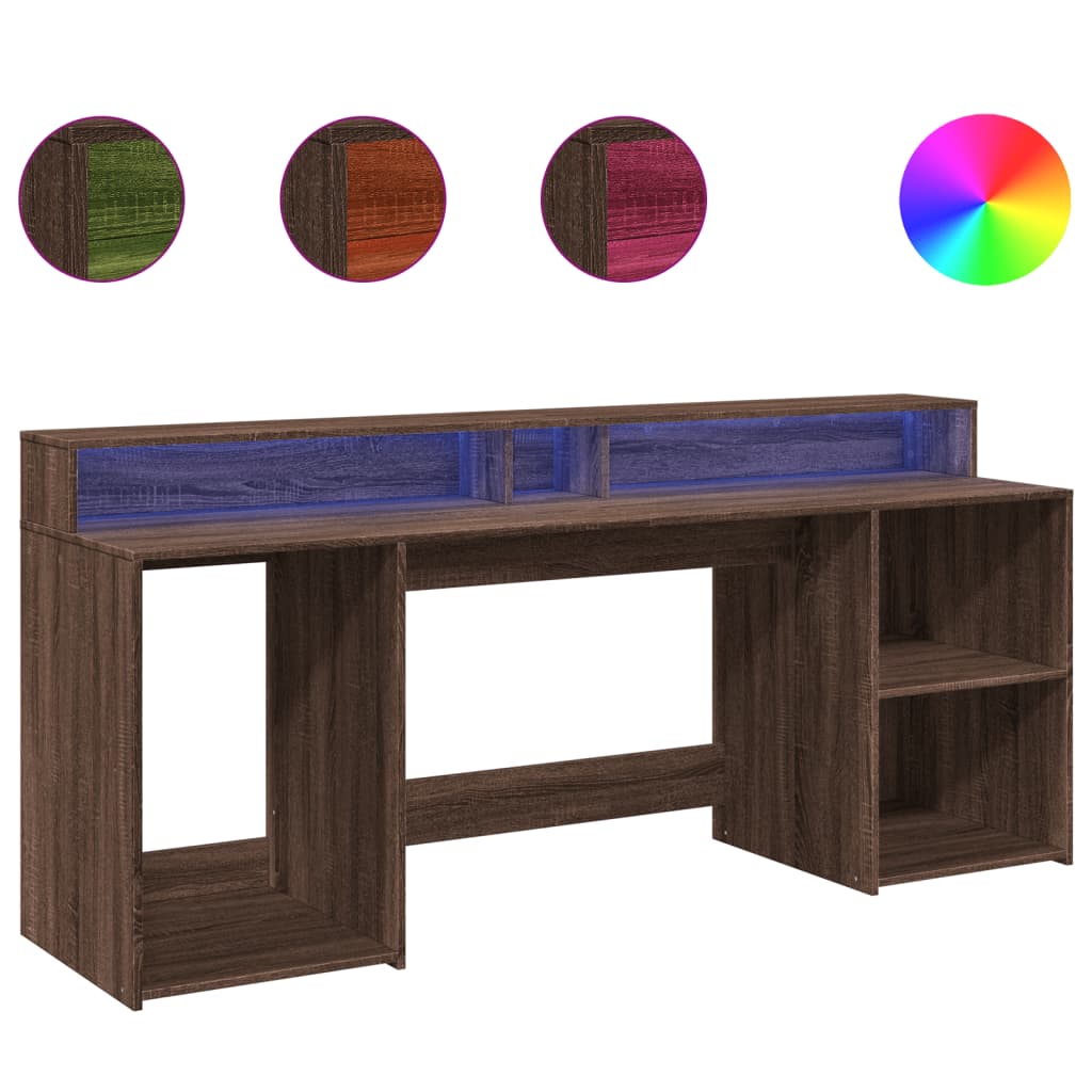 Skrivebord med LED-lys brun eik 200x55x91 cm konstruert tre