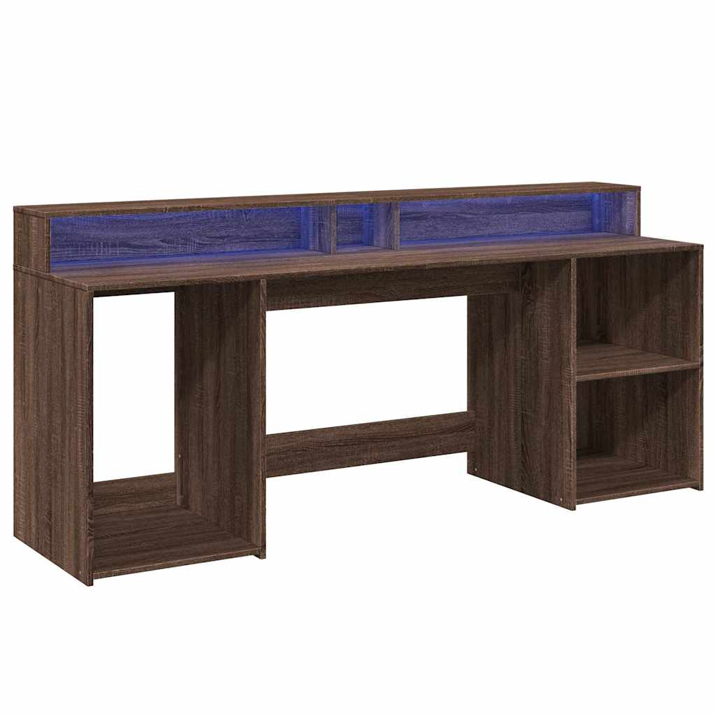 Skrivebord med LED-lys brun eik 200x55x91 cm konstruert tre