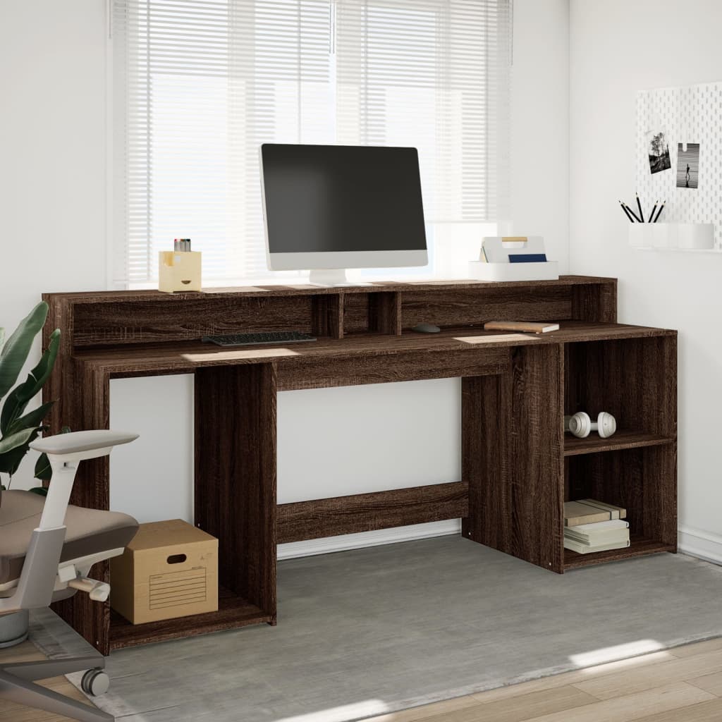 Skrivebord med LED-lys brun eik 200x55x91 cm konstruert tre