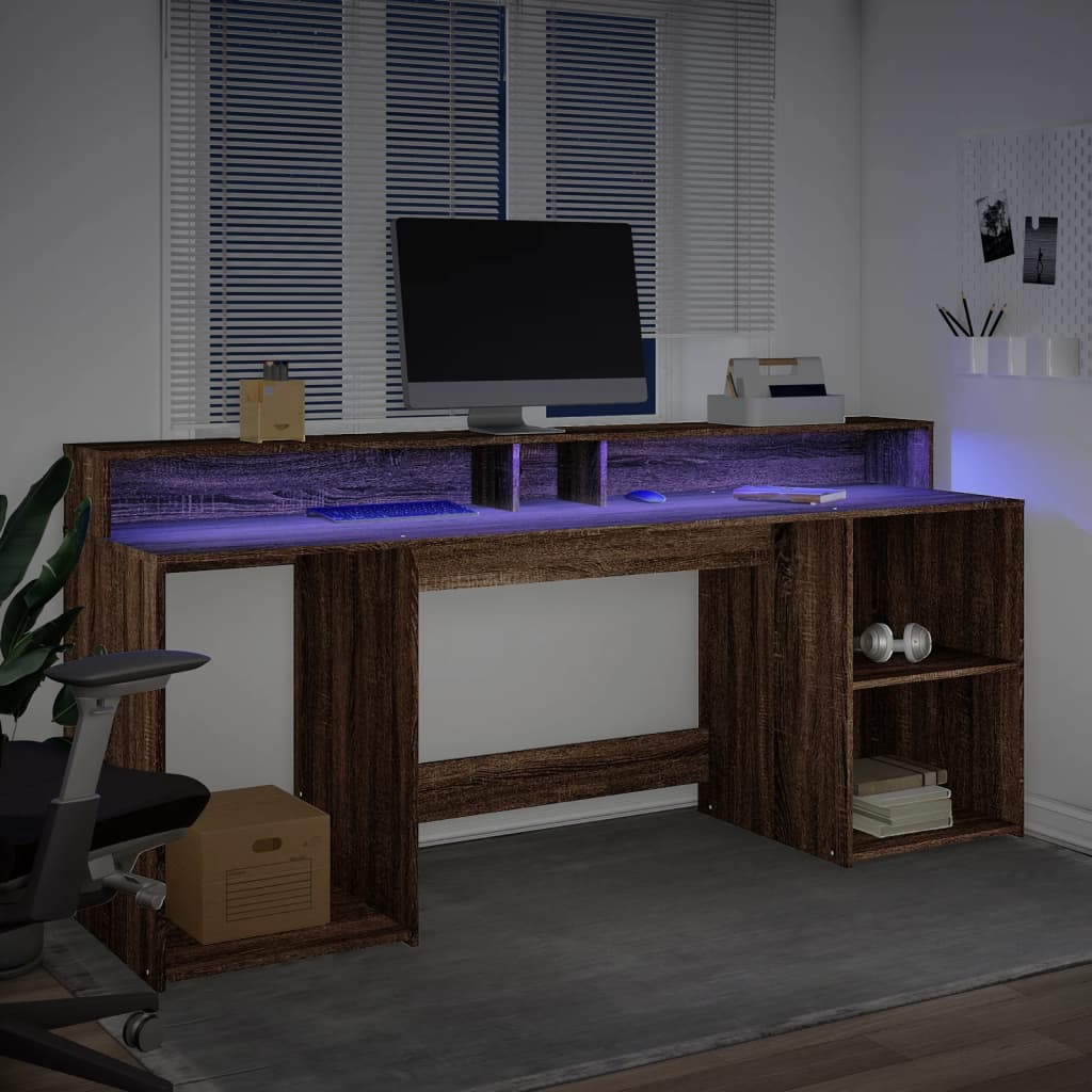 Skrivebord med LED-lys brun eik 200x55x91 cm konstruert tre