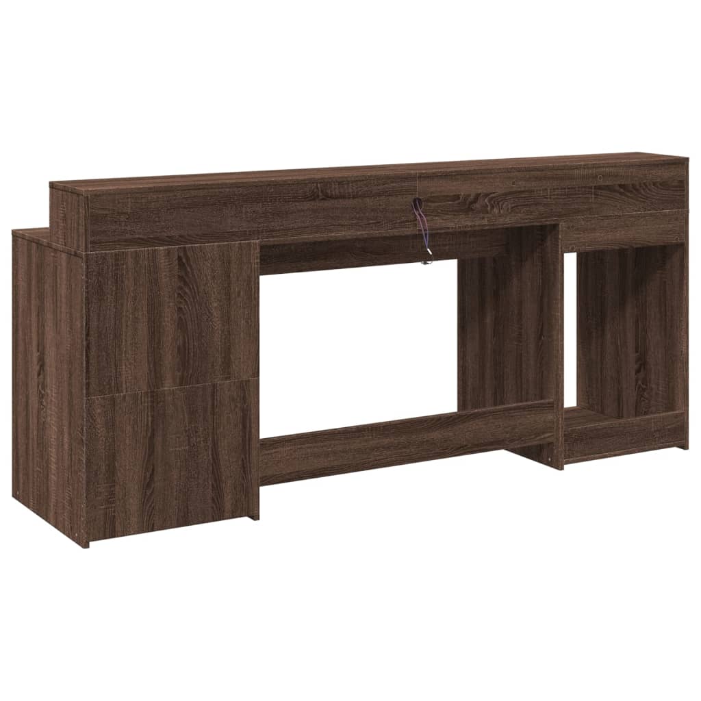 Skrivebord med LED-lys brun eik 200x55x91 cm konstruert tre
