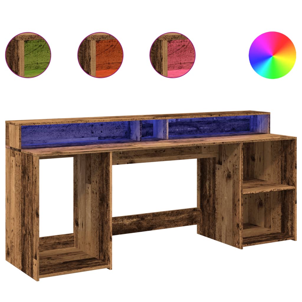 Skrivebord med LED-lys gammelt tre 200x55x91 cm konstruert tre