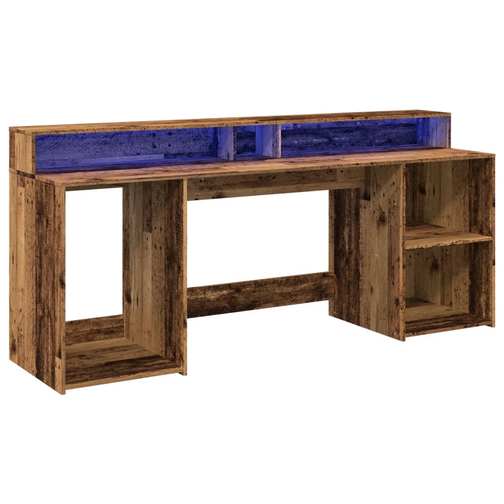 Skrivebord med LED-lys gammelt tre 200x55x91 cm konstruert tre
