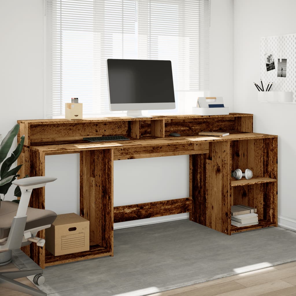 Skrivebord med LED-lys gammelt tre 200x55x91 cm konstruert tre