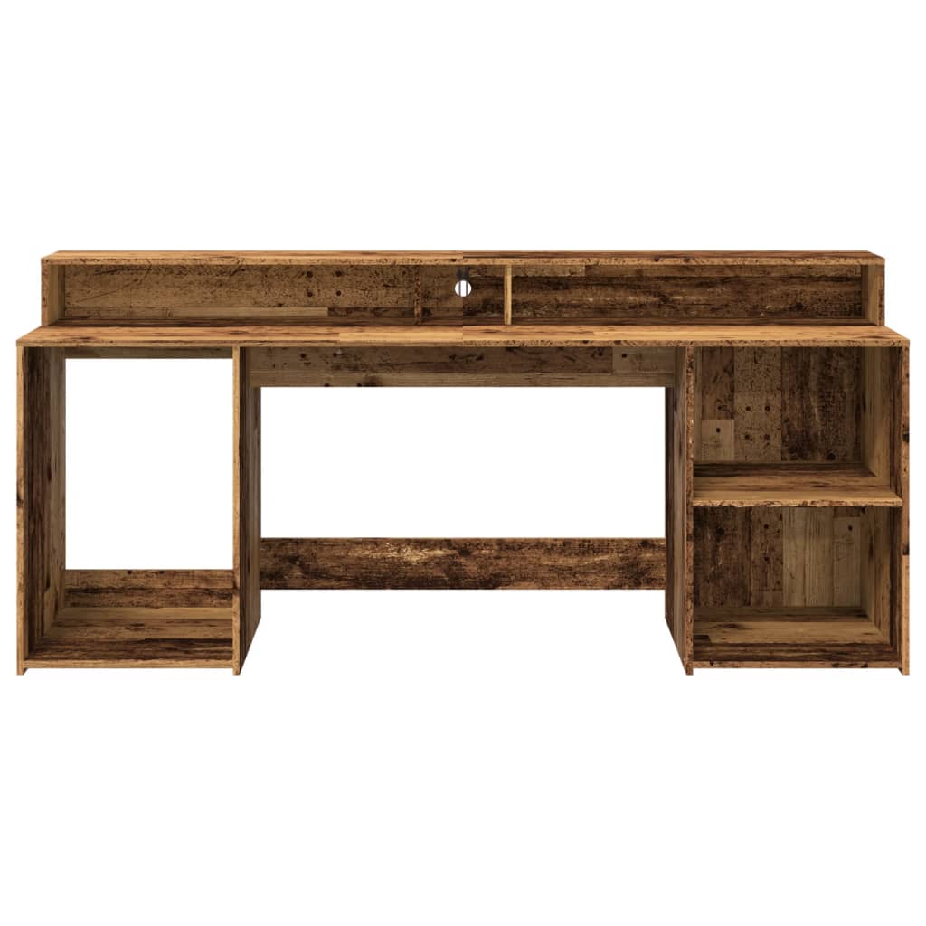 Skrivebord med LED-lys gammelt tre 200x55x91 cm konstruert tre