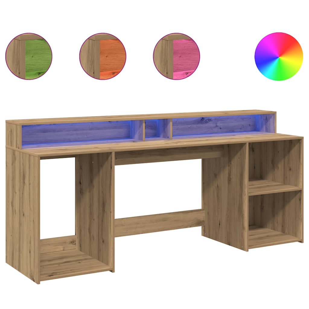 Skrivebord med LED-lys artisan eik 200x55x91 cm konstruert tre