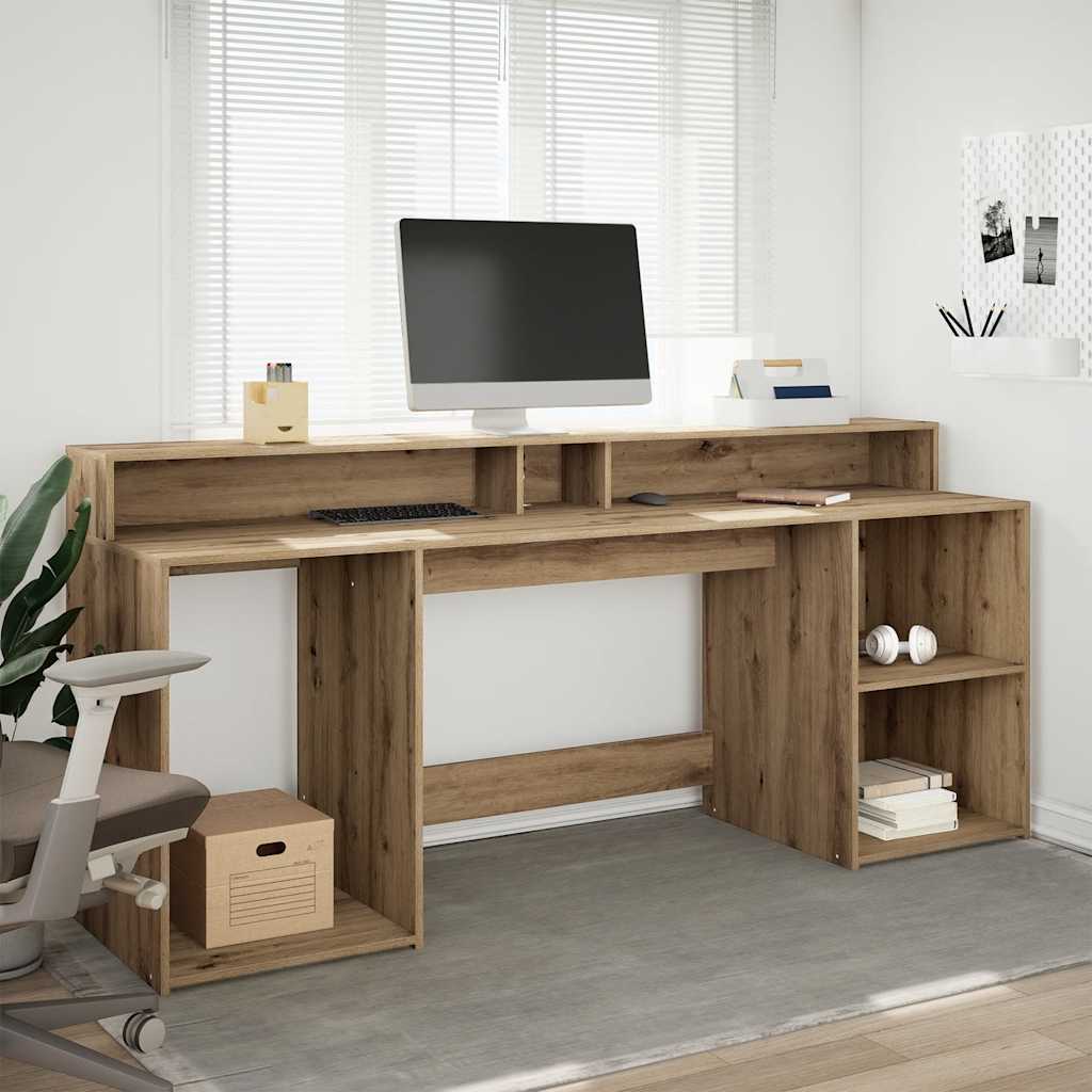 Skrivebord med LED-lys artisan eik 200x55x91 cm konstruert tre