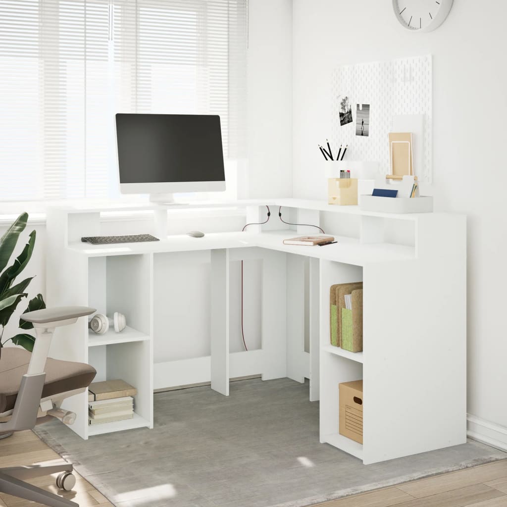 Skrivebord med LED-lys hvit 130x130x91 cm konstruert tre