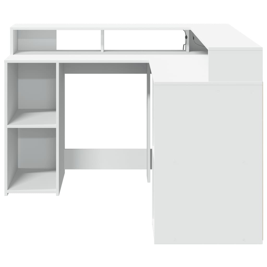 Skrivebord med LED-lys hvit 130x130x91 cm konstruert tre