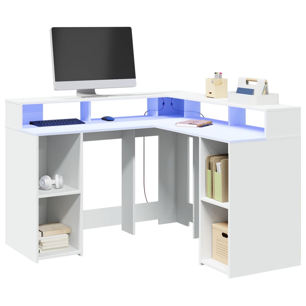 Skrivebord med LED-lys hvit 130x130x91 cm konstruert tre
