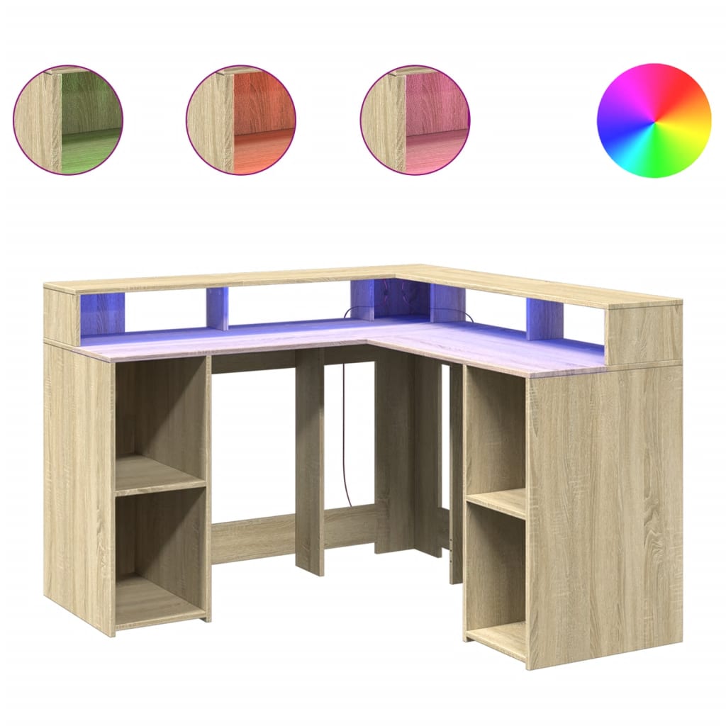 Skrivebord med LED-lys sonoma eik 130x130x91 cm konstruert tre