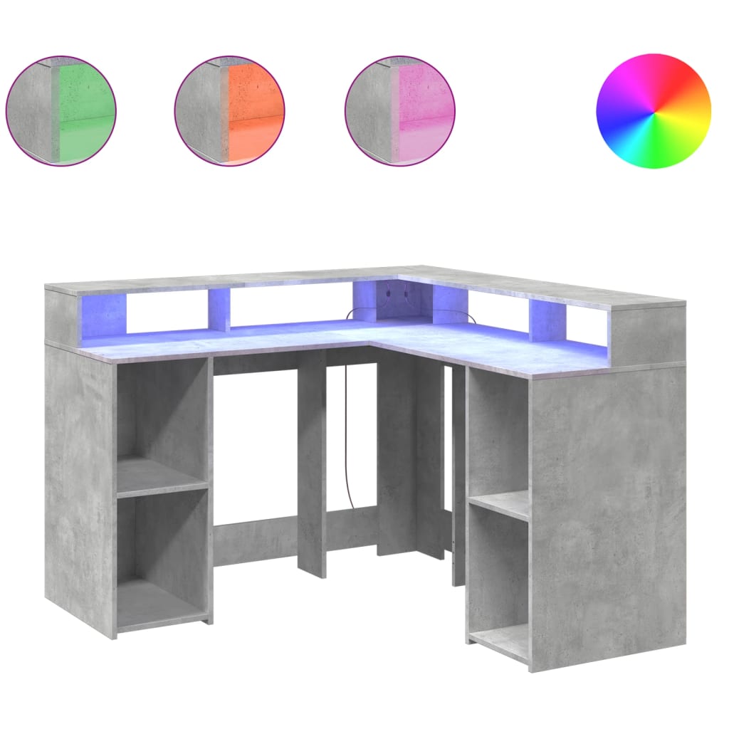 Skrivebord med LED-lys betonggrå 130x130x91 cm konstruert tre