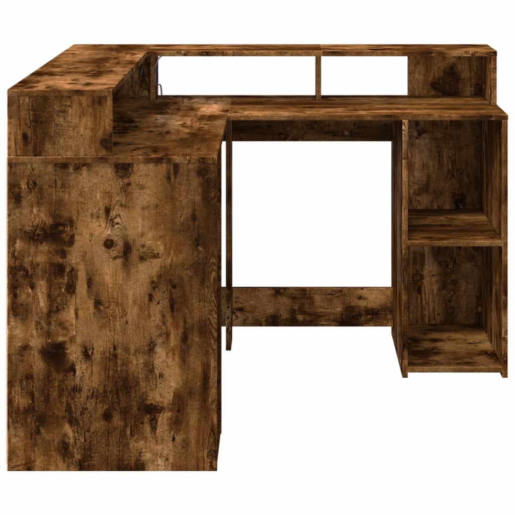 Skrivebord med LED-lys røkt eik 130x130x91 cm konstruert tre