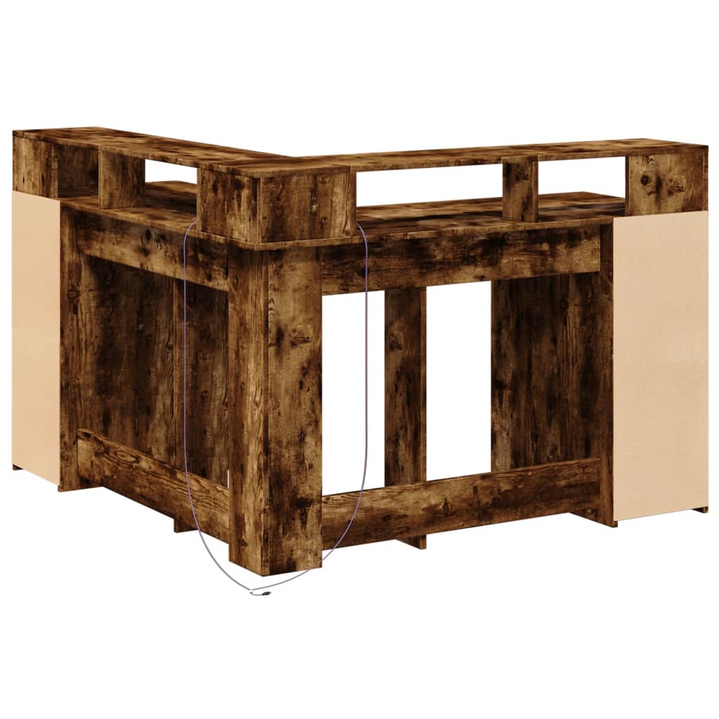 Skrivebord med LED-lys røkt eik 130x130x91 cm konstruert tre
