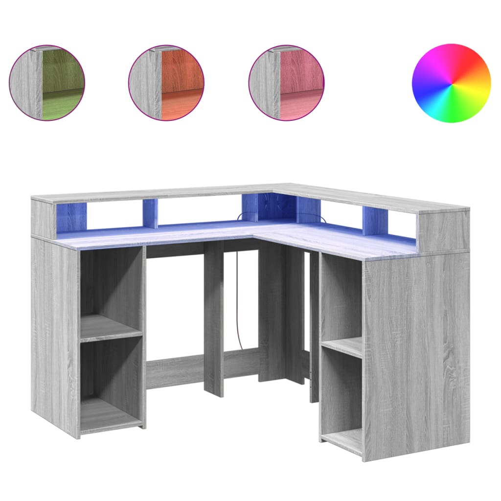 Skrivebord med LED-lys grå sonoma 130x130x91 cm konstruert tre