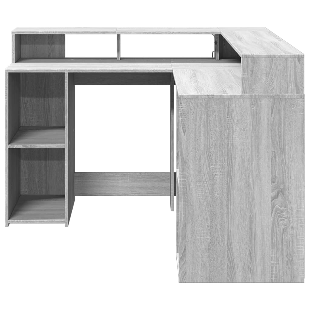 Skrivebord med LED-lys grå sonoma 130x130x91 cm konstruert tre