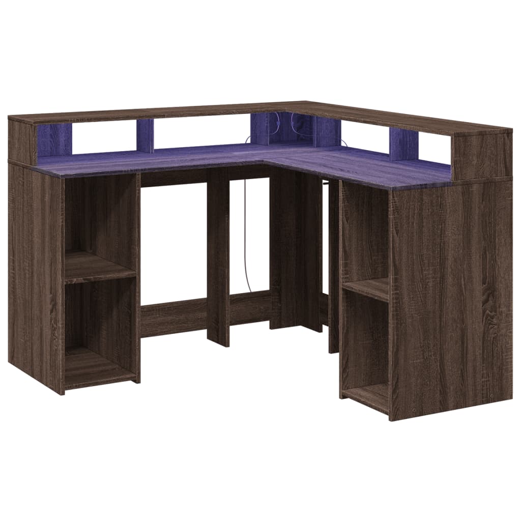 Skrivebord med LED-lys brun eik 130x130x91 cm konstruert tre