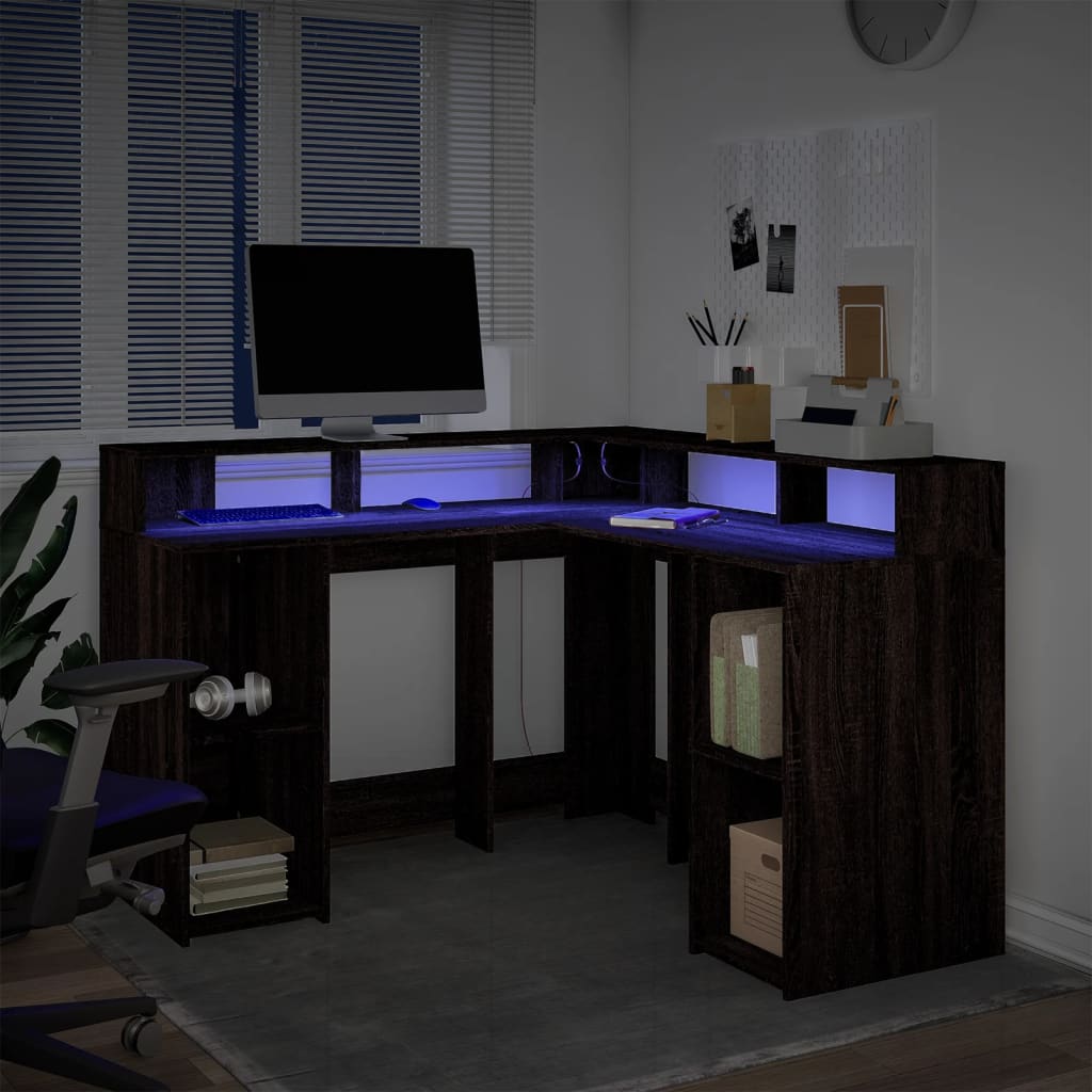 Skrivebord med LED-lys brun eik 130x130x91 cm konstruert tre