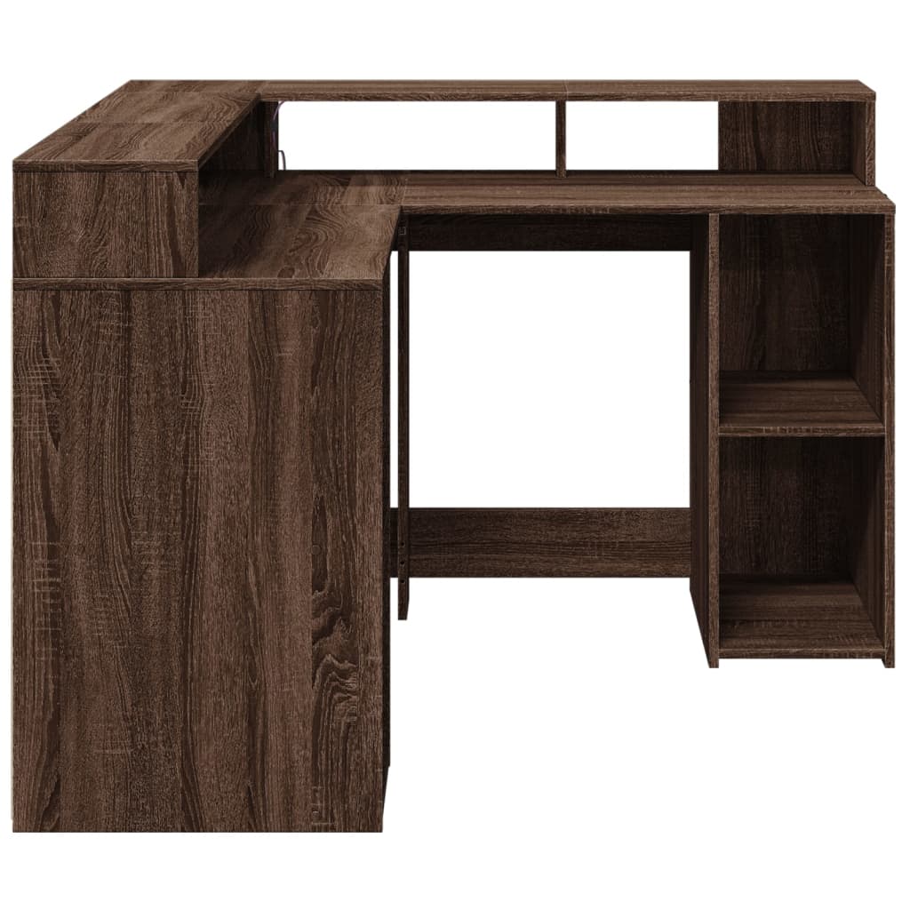 Skrivebord med LED-lys brun eik 130x130x91 cm konstruert tre