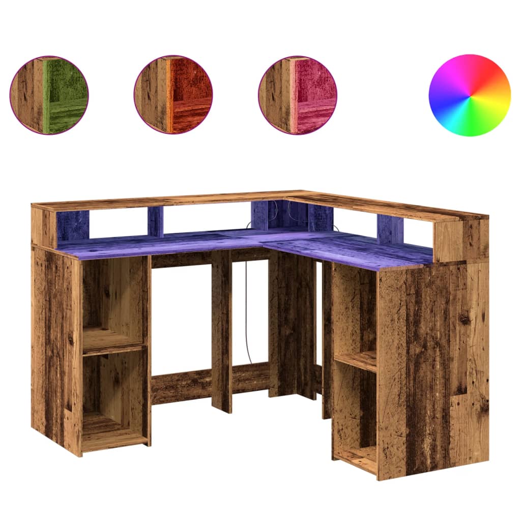 Skrivebord med LED-lys gammelt tre 130x130x91 cm konstruert tre