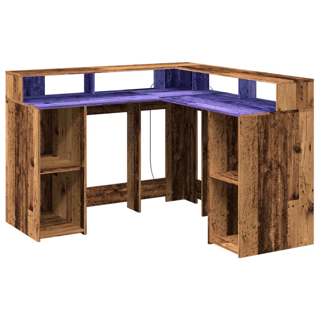 Skrivebord med LED-lys gammelt tre 130x130x91 cm konstruert tre