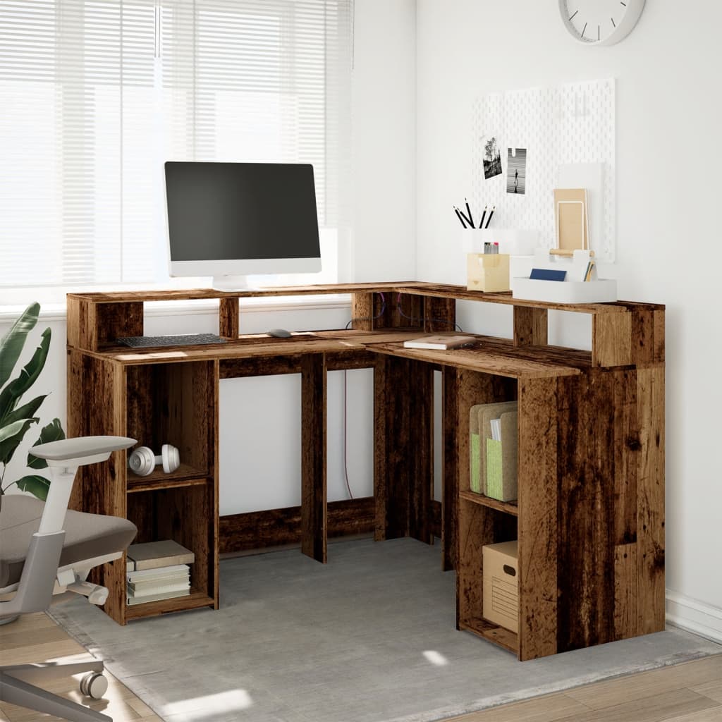Skrivebord med LED-lys gammelt tre 130x130x91 cm konstruert tre