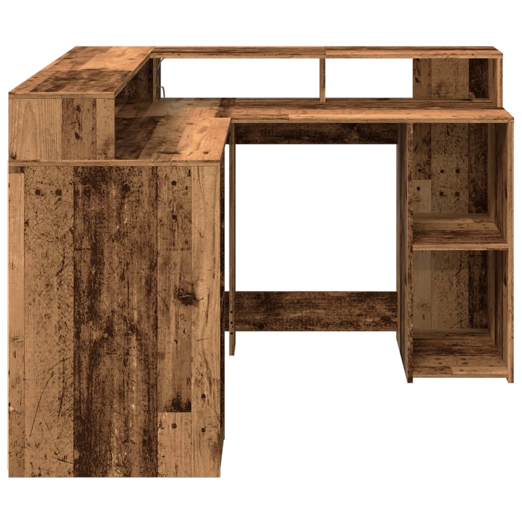 Skrivebord med LED-lys gammelt tre 130x130x91 cm konstruert tre
