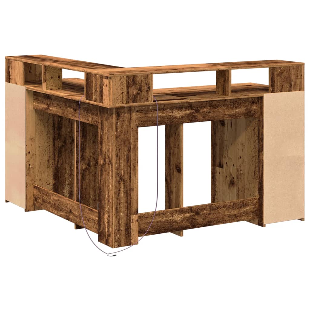 Skrivebord med LED-lys gammelt tre 130x130x91 cm konstruert tre