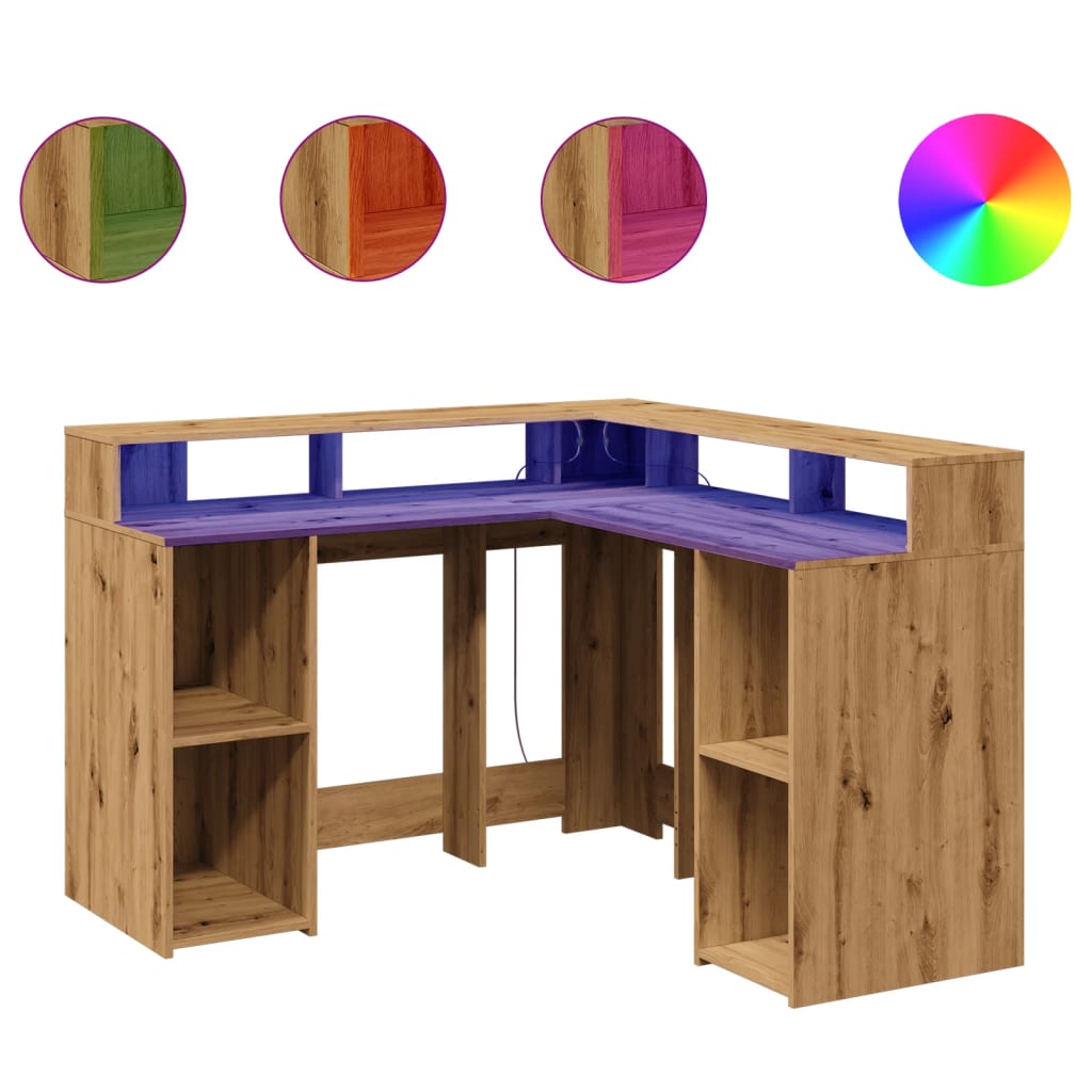 Skrivebord med LED-lys artisan eik 130x130x91 cm konstruert tre