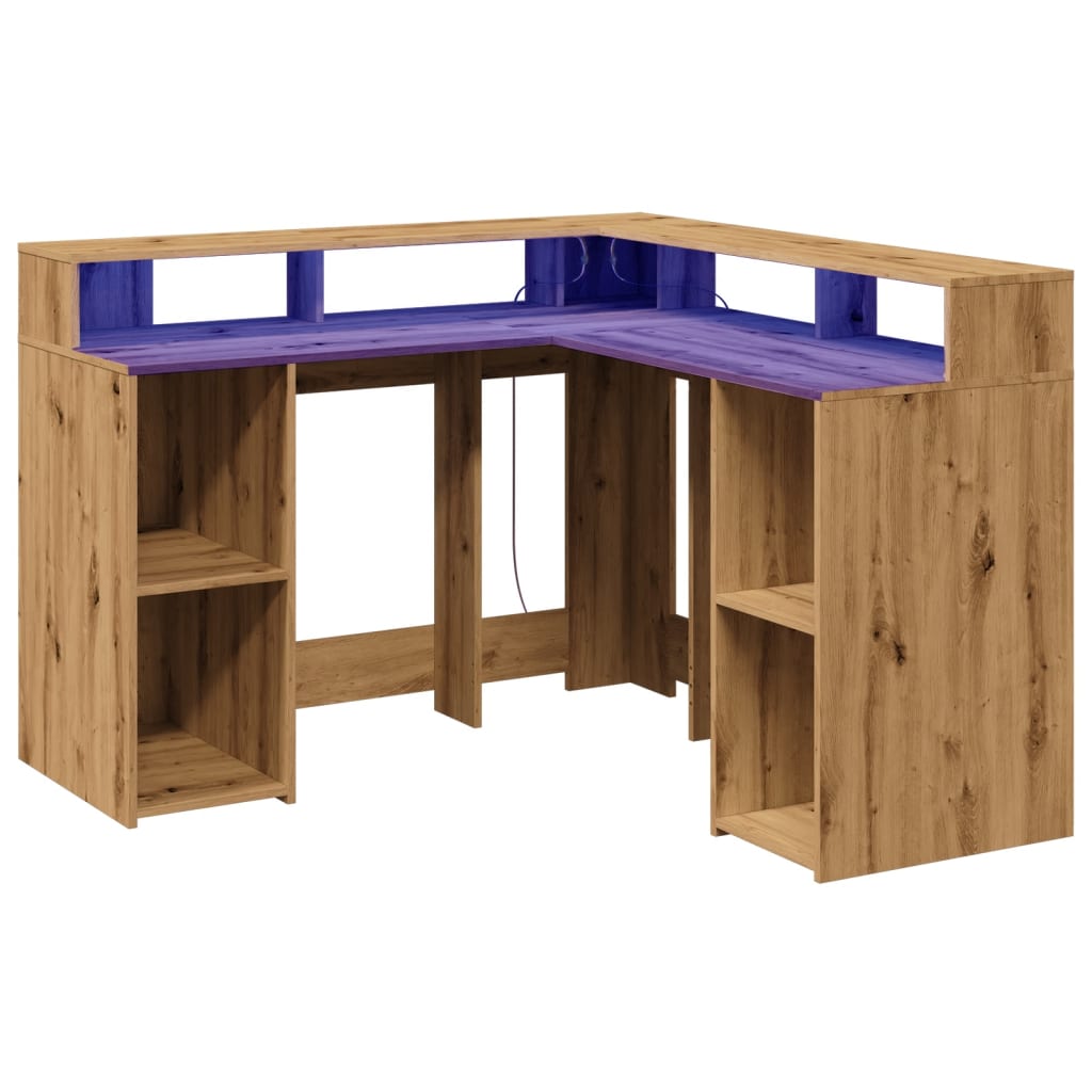 Skrivebord med LED-lys artisan eik 130x130x91 cm konstruert tre
