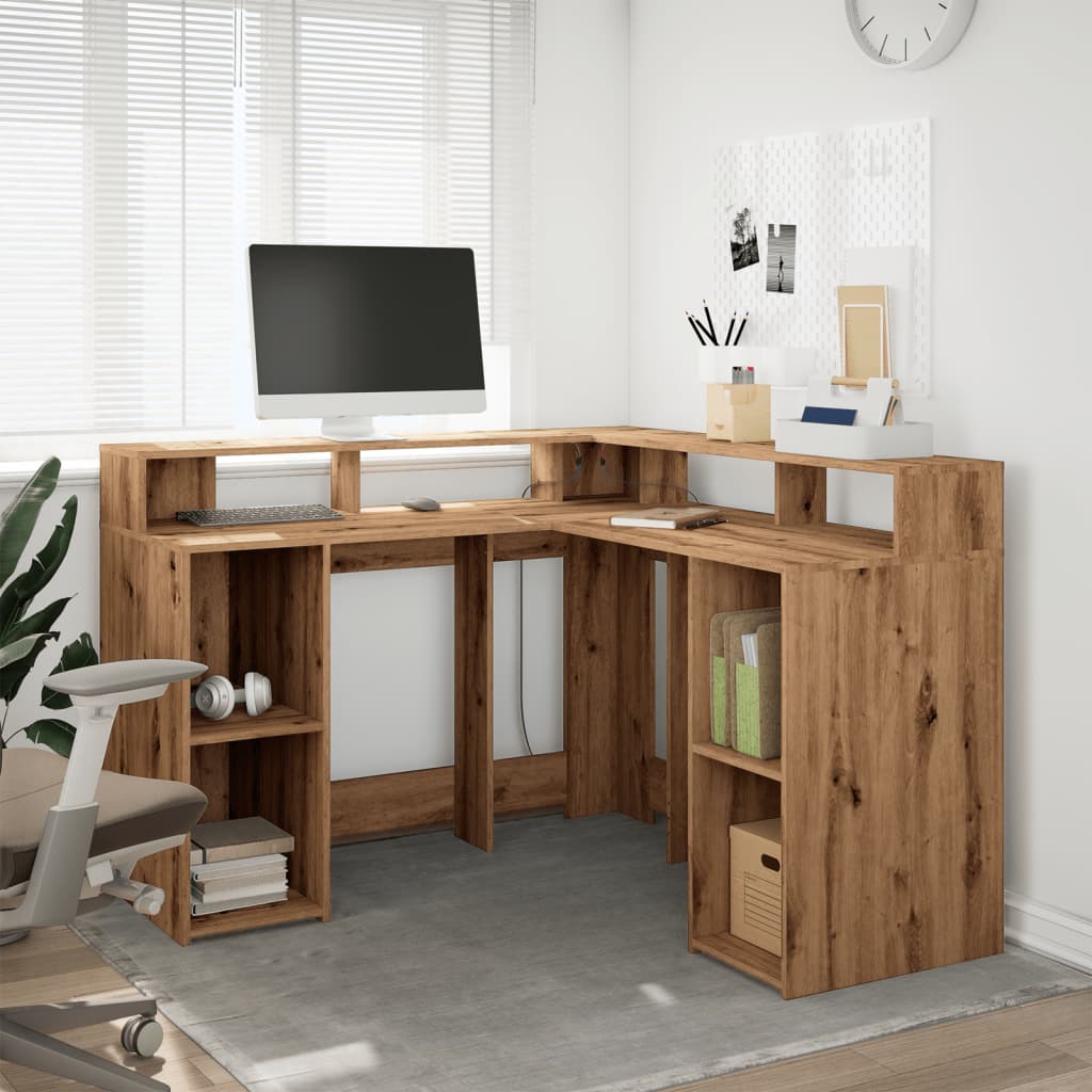 Skrivebord med LED-lys artisan eik 130x130x91 cm konstruert tre