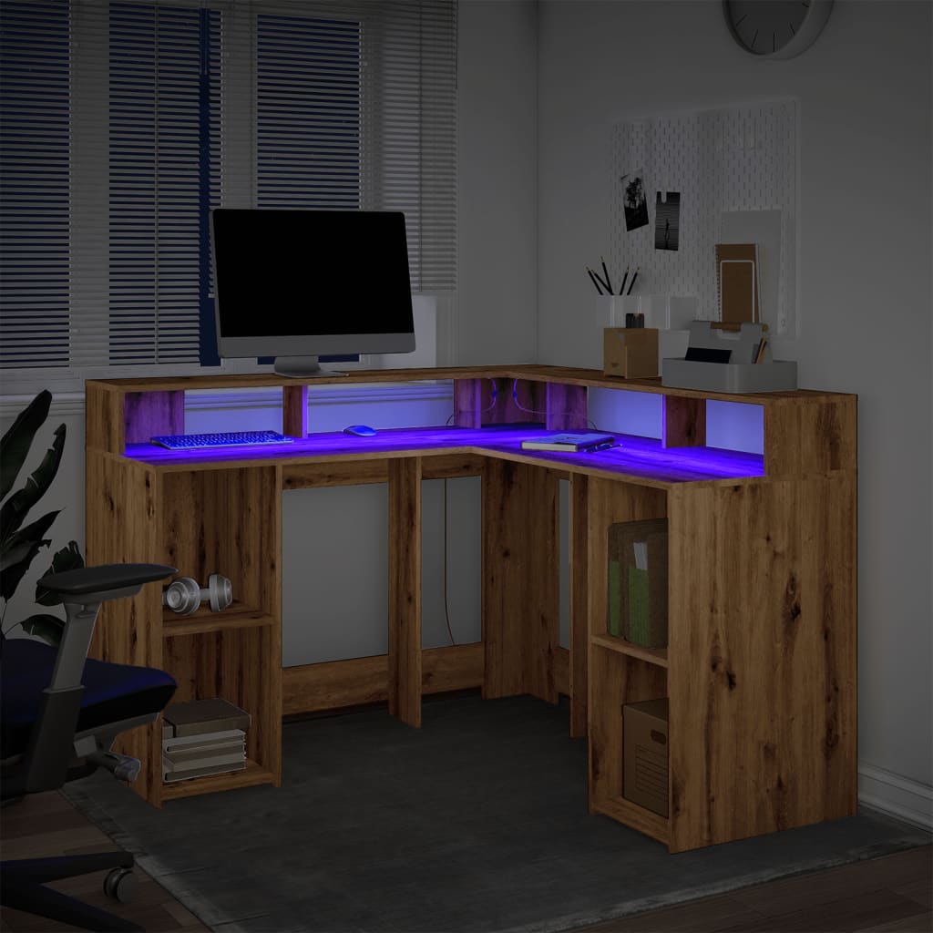 Skrivebord med LED-lys artisan eik 130x130x91 cm konstruert tre