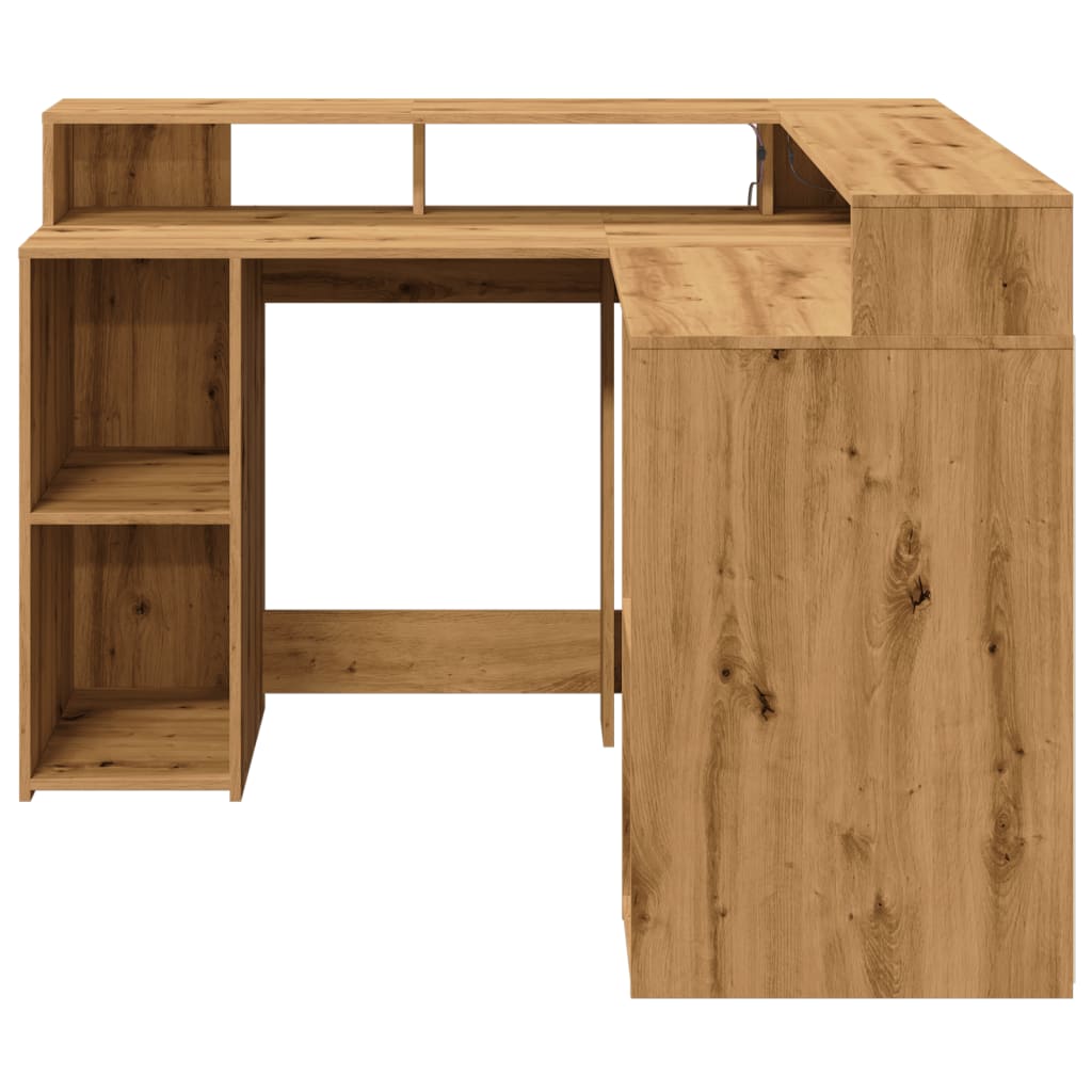 Skrivebord med LED-lys artisan eik 130x130x91 cm konstruert tre